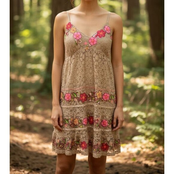 Antica Sartoria by Giacomo Cinque Mini Lace Floral Sequin Dress Boho Fairy XS/S - Picture 1 of 15